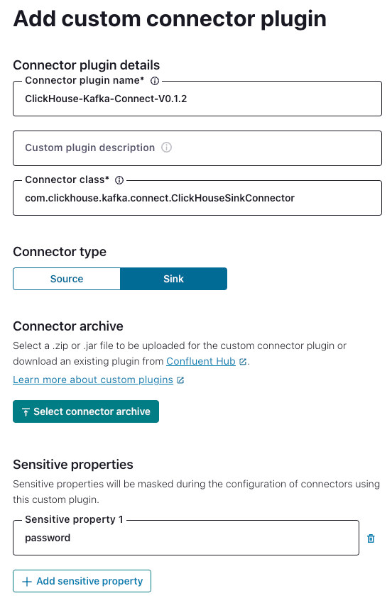 Интерфейс платформы Confluent, показывающий настройки для добавления пользовательского коннектора ClickHouse