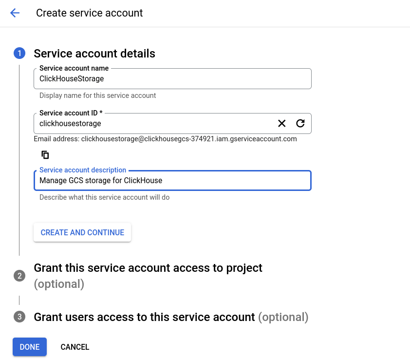 Определение имени и идентификатора нового сервисного аккаунта в GCS