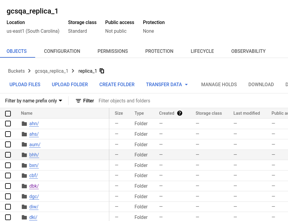 Корзина первой реплики в Google Cloud Storage показывает структуру папки с частями данных