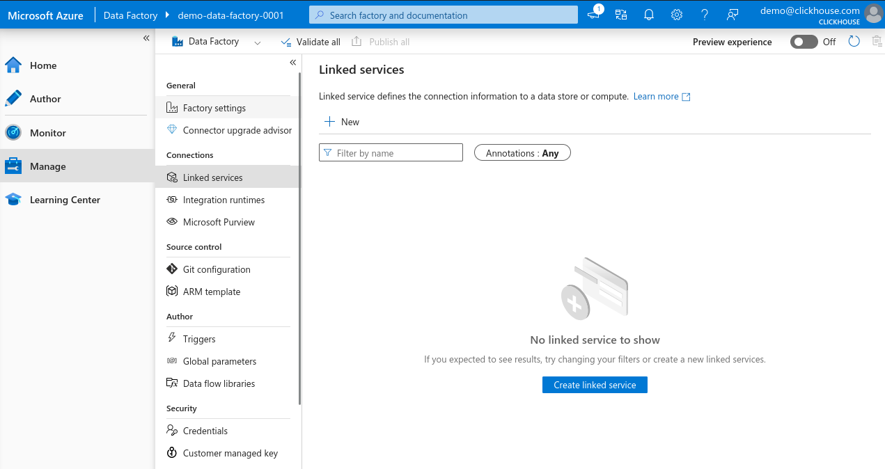 Кнопка нового связанного сервиса Azure Data Factory