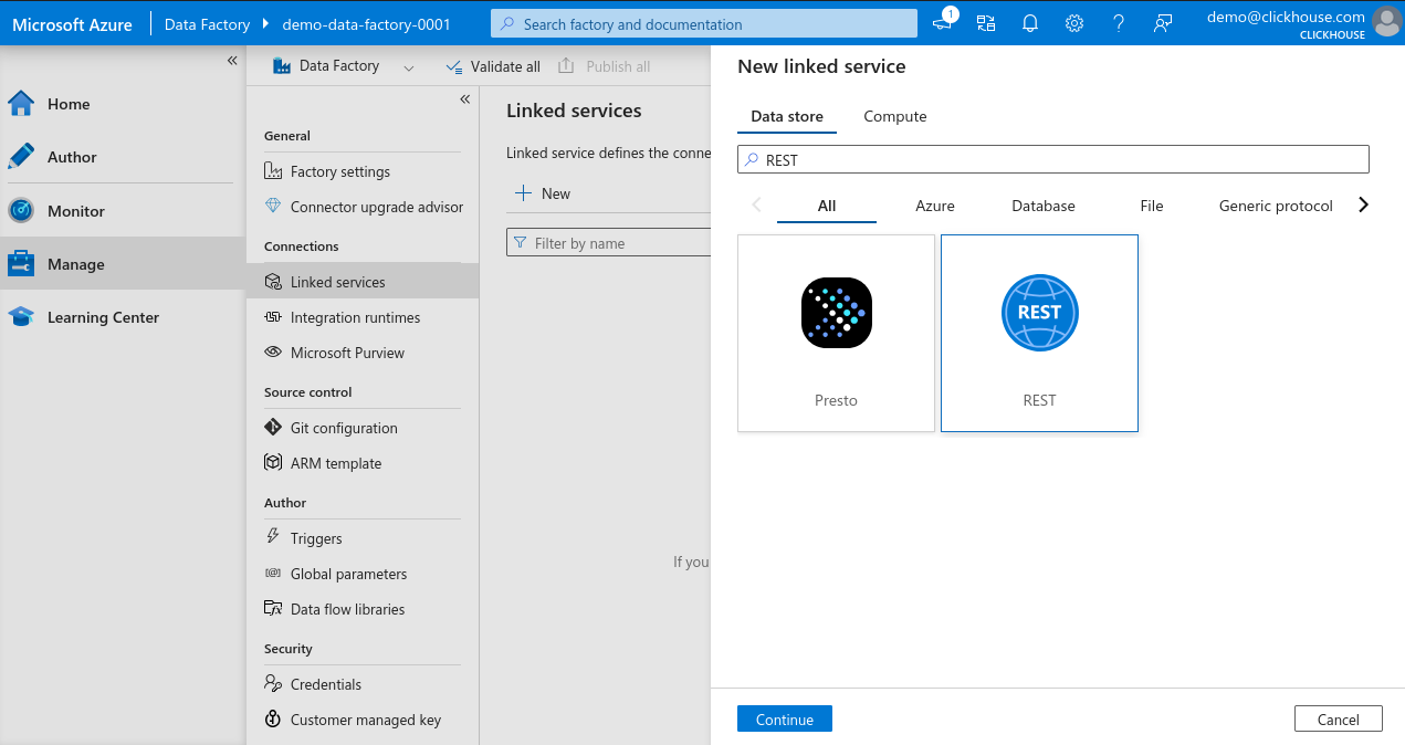 Поиск нового связанного сервиса Azure Data Factory