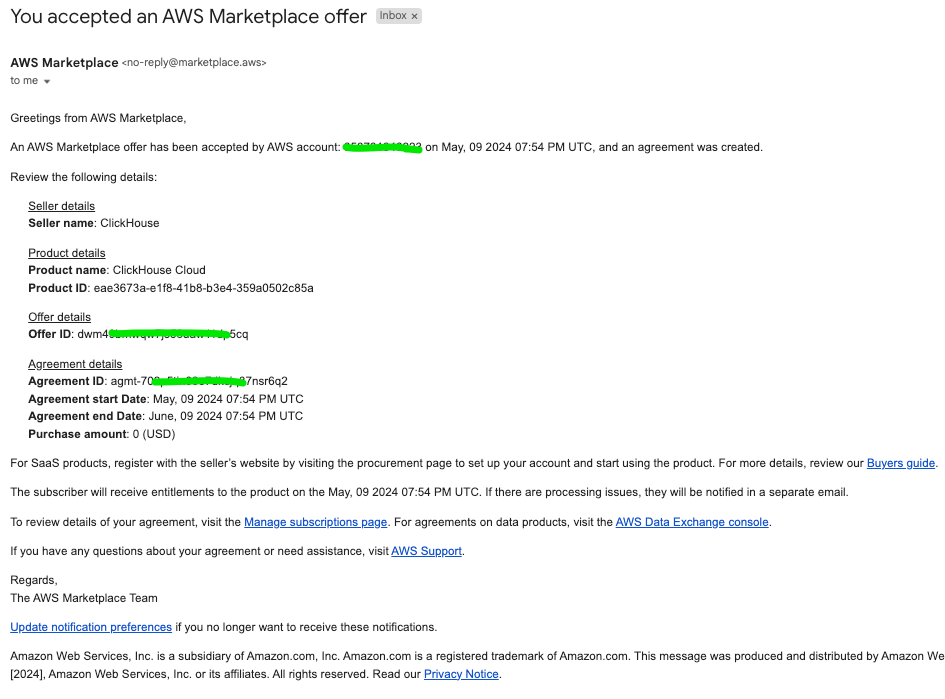 Электронное письмо о подтверждении AWS Marketplace