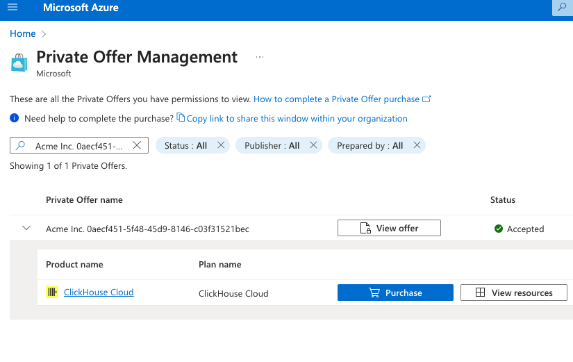 Страница управления частным предложением Azure Marketplace доступна для покупки
