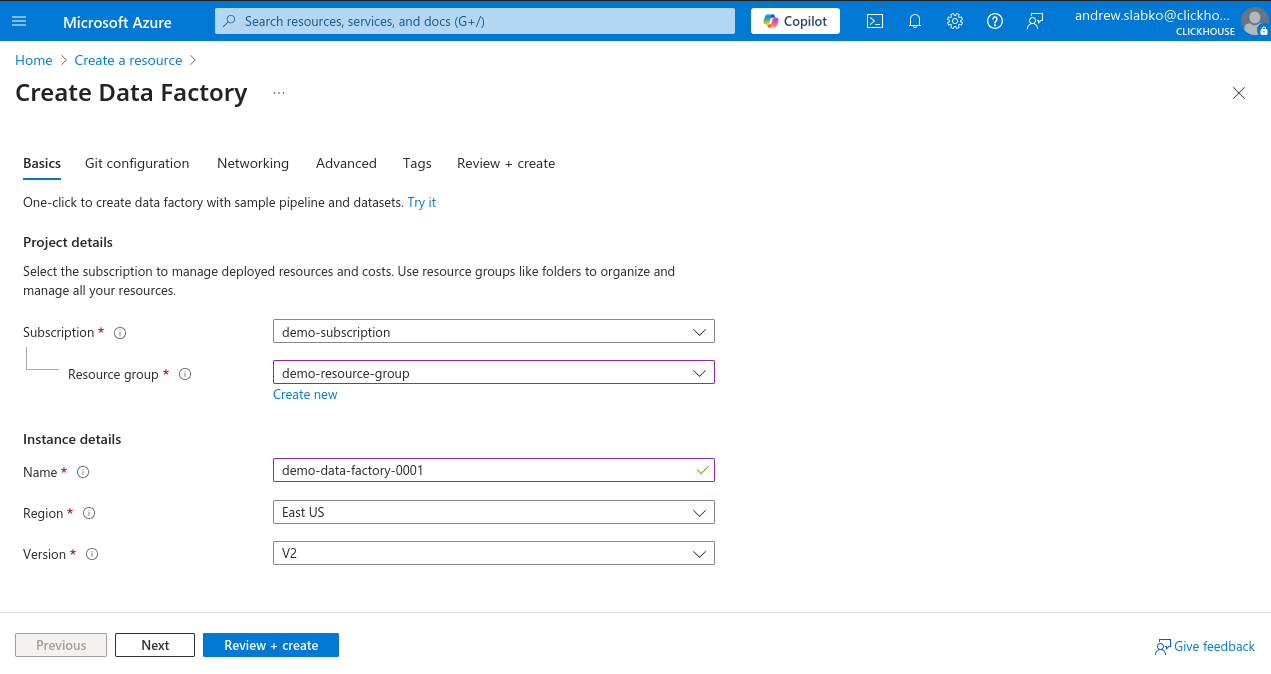 Новый экземпляр Data Factory на Портале Azure