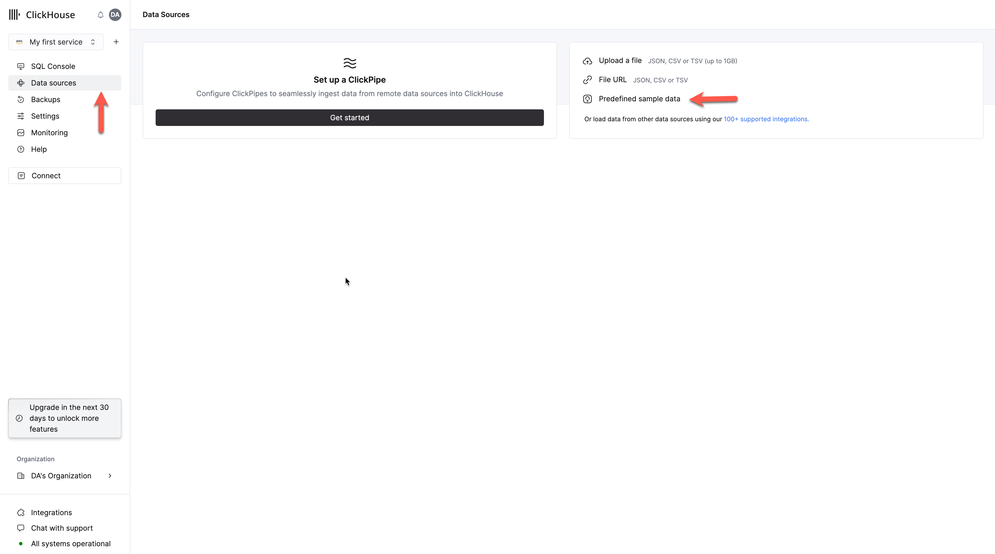 Меню действий службы ClickHouse Cloud, показывающее параметры Источники данных и Предварительно определенные образцы данных