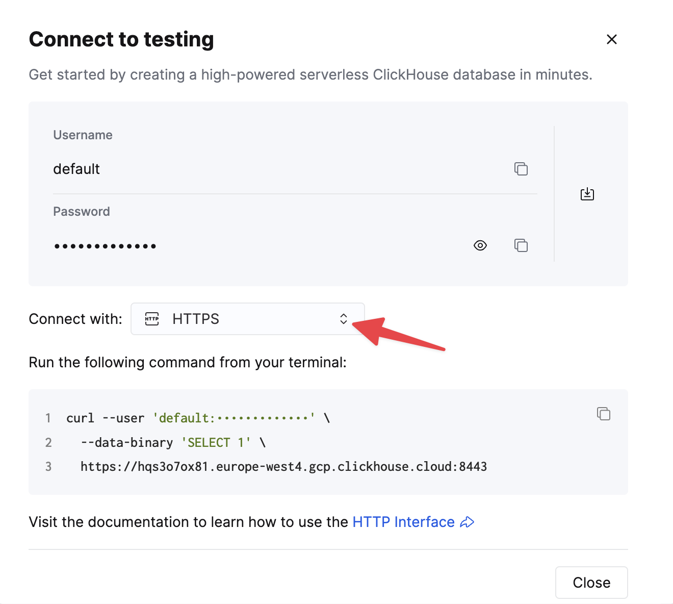 Детали подключения ClickHouse Cloud по HTTPS