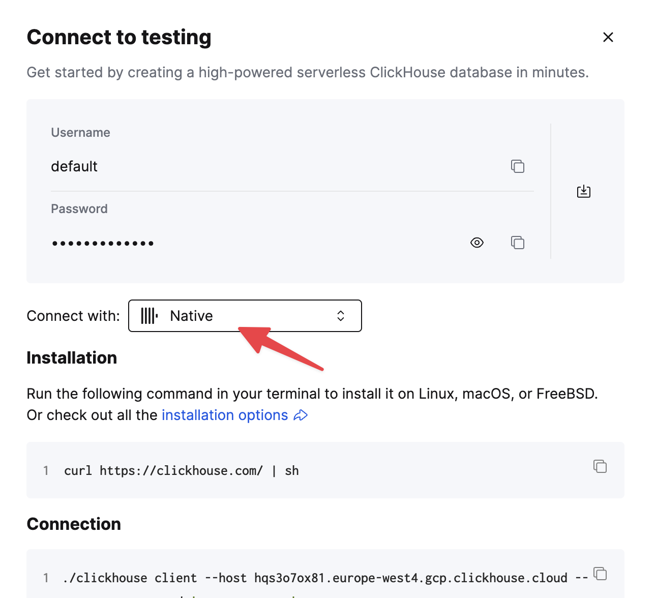 Детали соединения ClickHouse Cloud Native TCP