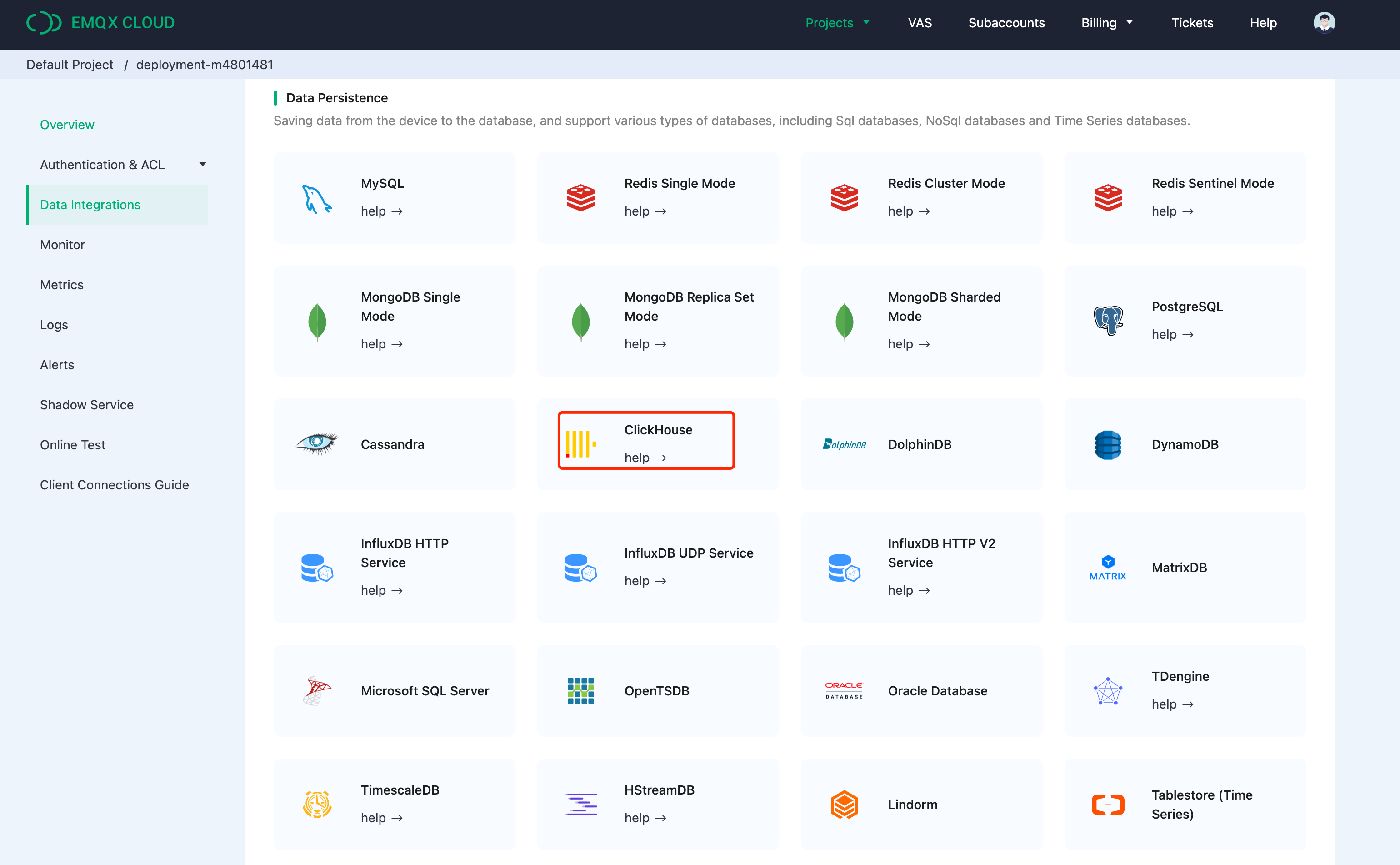 Детали коннектора интеграции данных EMQX Cloud с ClickHouse