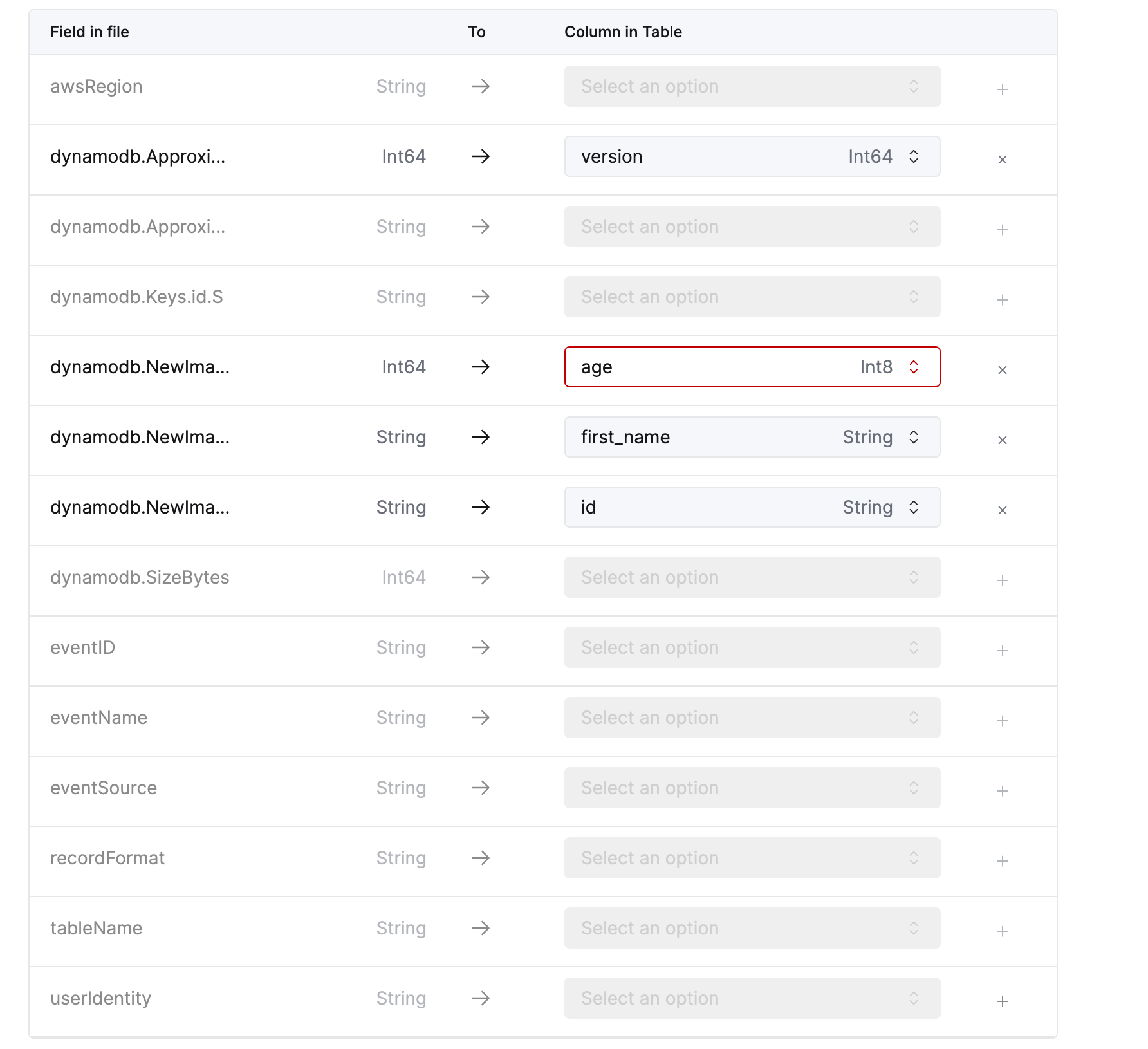Сопоставление колонок DynamoDB