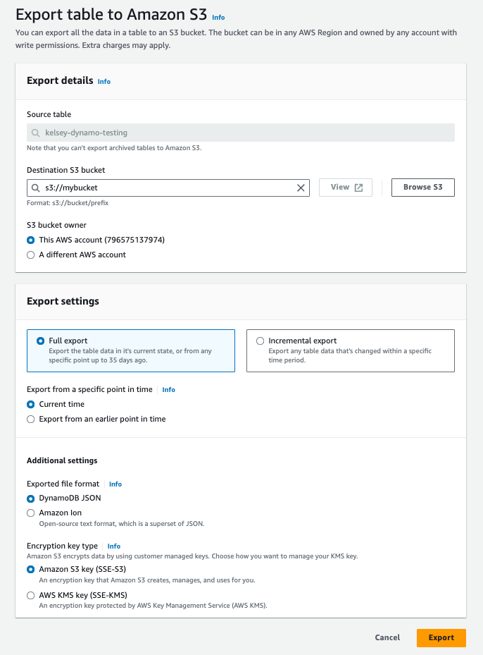 Экспорт S3 DynamoDB