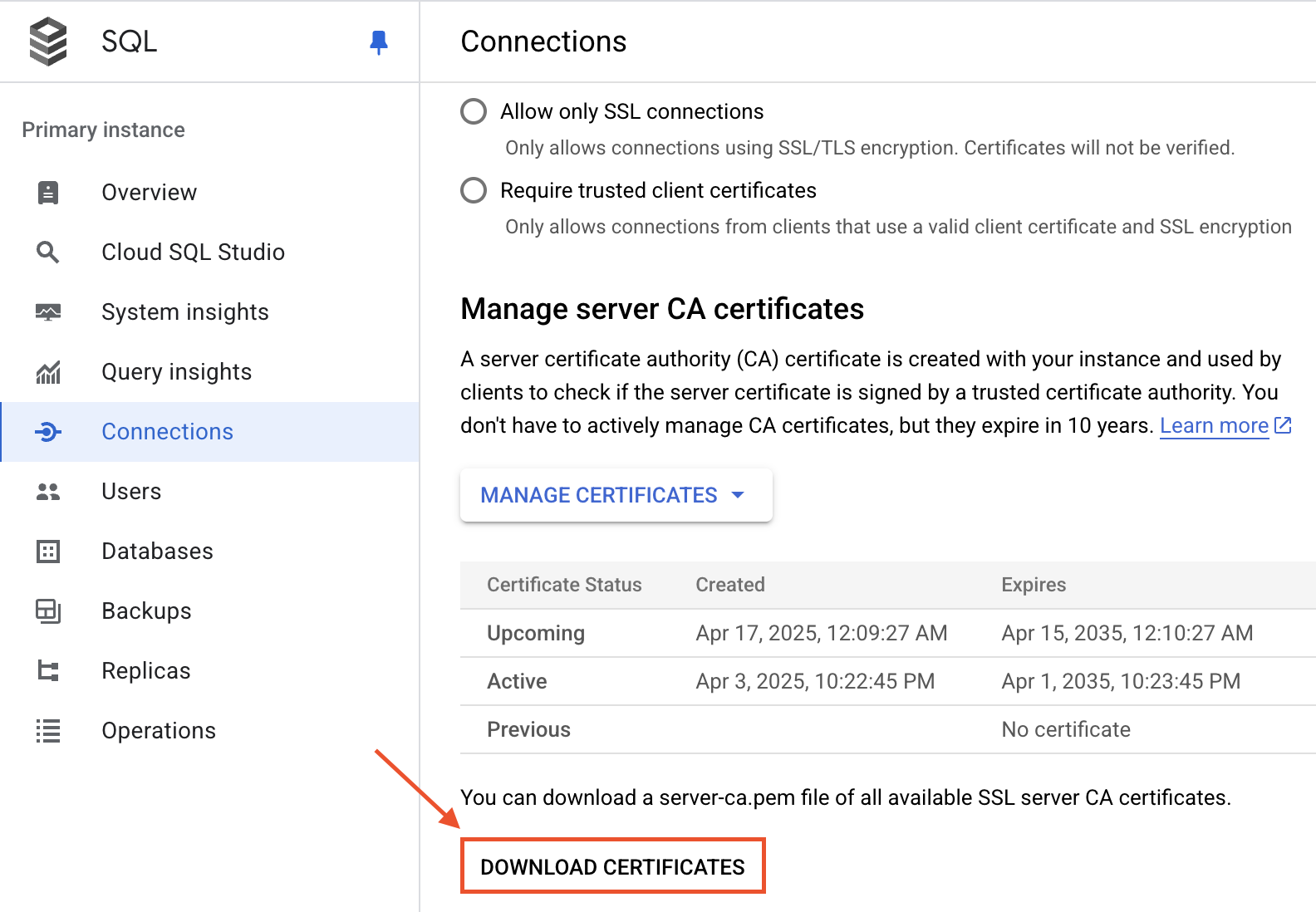 Скачивание сертификата GCP MySQL