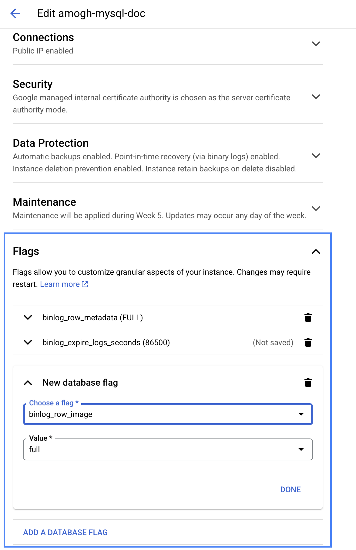 Установка флагов binlog в GCP