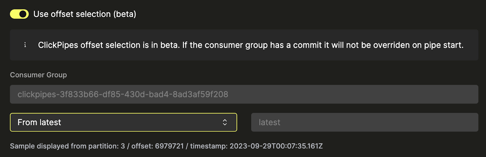 ClickPipes Kafka connector configuration interface showing offset selection options