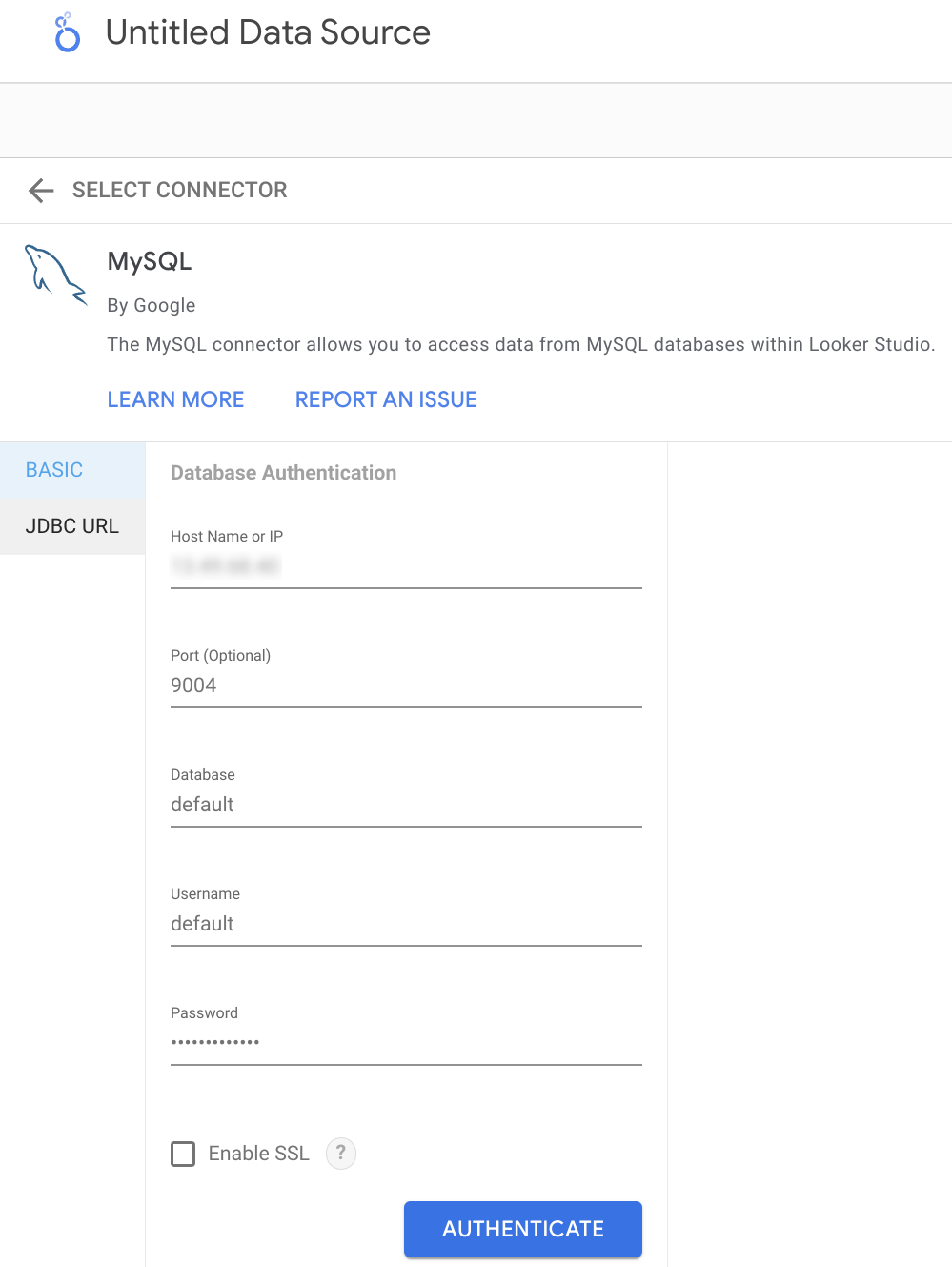 Указание деталей подключения ClickHouse MySQL в Looker Studio