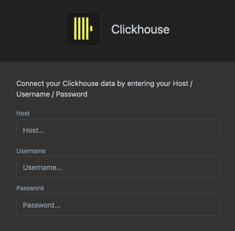 Форма конфигурации подключения Luzmo, показывающая поля для хоста ClickHouse, имени пользователя и пароля