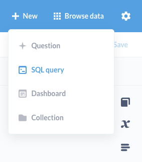 Новое меню Metabase, показывающее варианты создания вопросов, SQL-запросов и dashboards