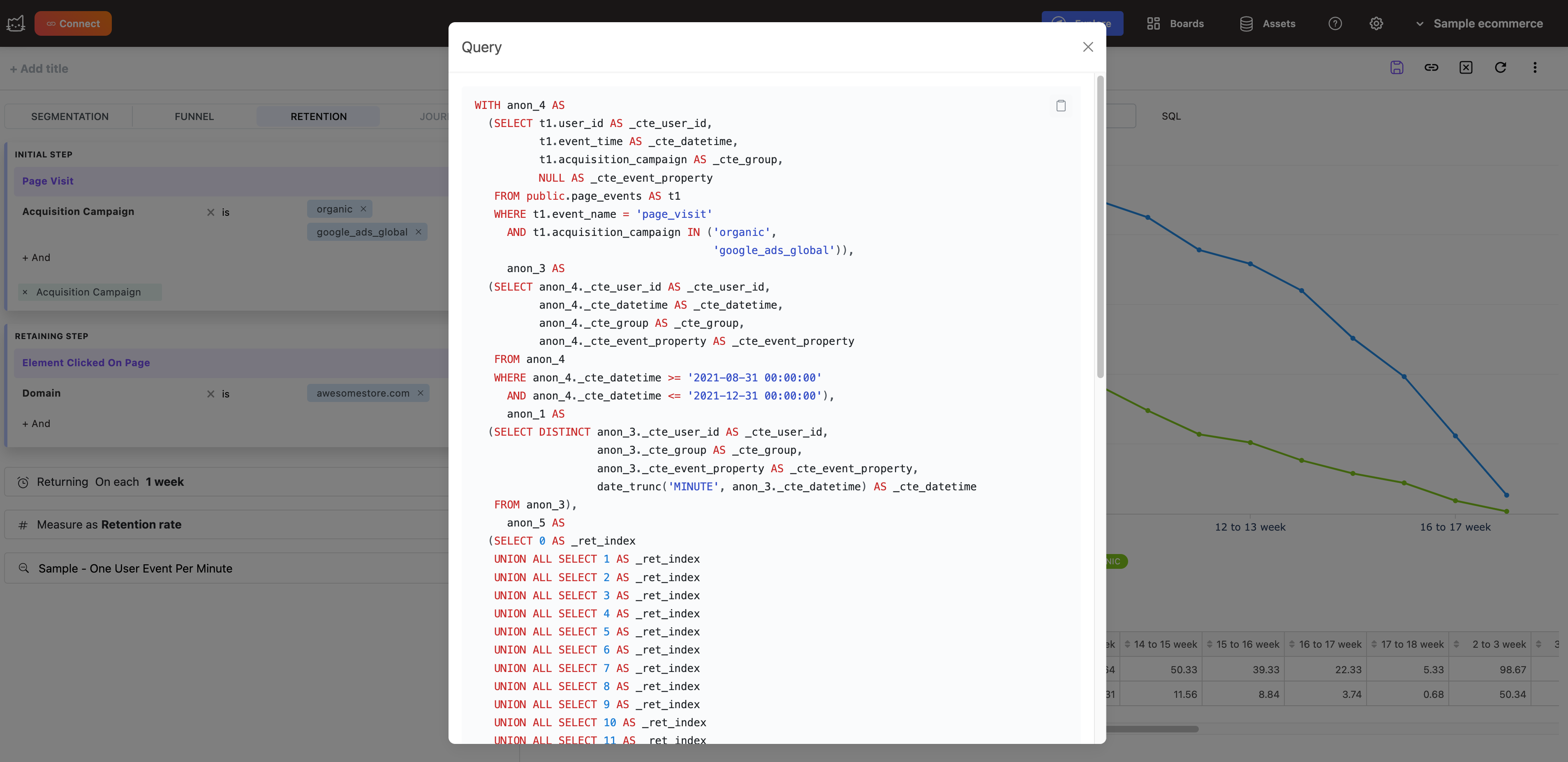 Представление генерации SQL-кода Mitzu, показывающее нативный запрос ClickHouse