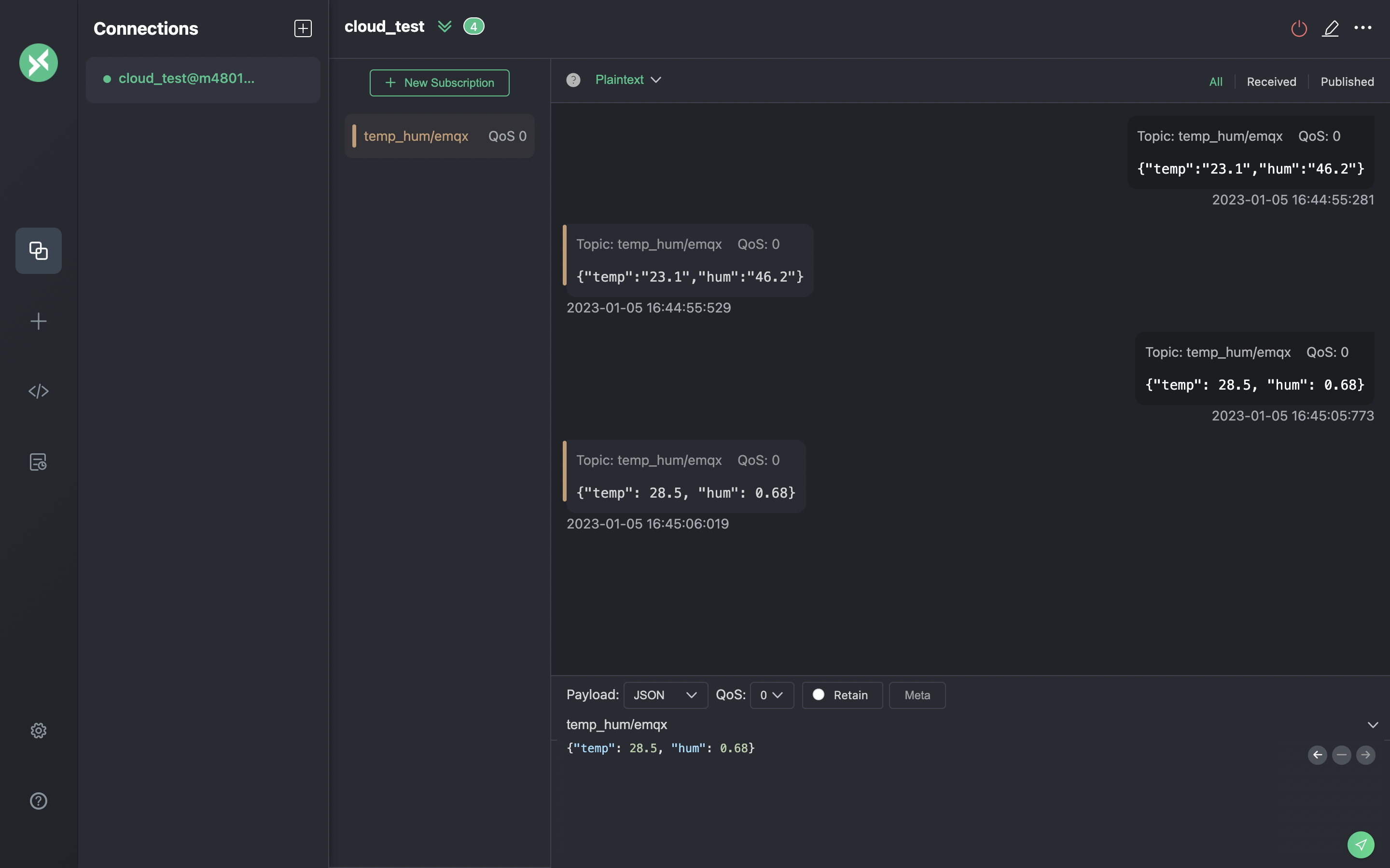 Интерфейс публикации MQTT-сообщений MQTTX, показывающий составление сообщения