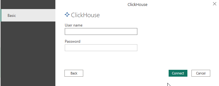 Диалог учетных данных подключения ClickHouse для имени пользователя и пароля