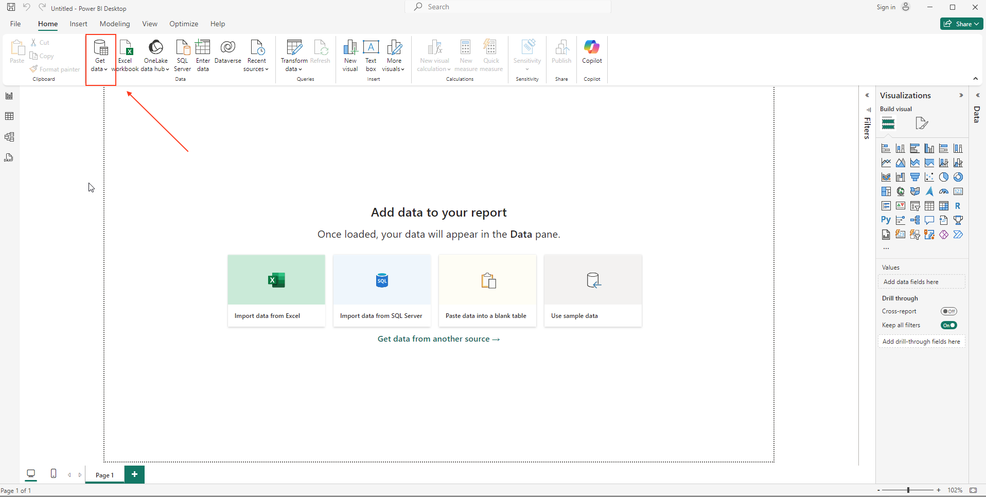 Главный экран Power BI Desktop, показывающий кнопку Получить данные