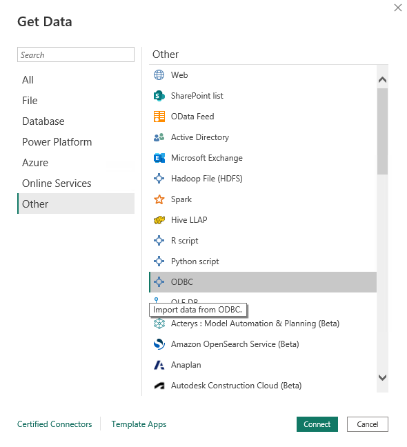 Диалог Получить данные Power BI с выбранной опцией ODBC в категории Другое