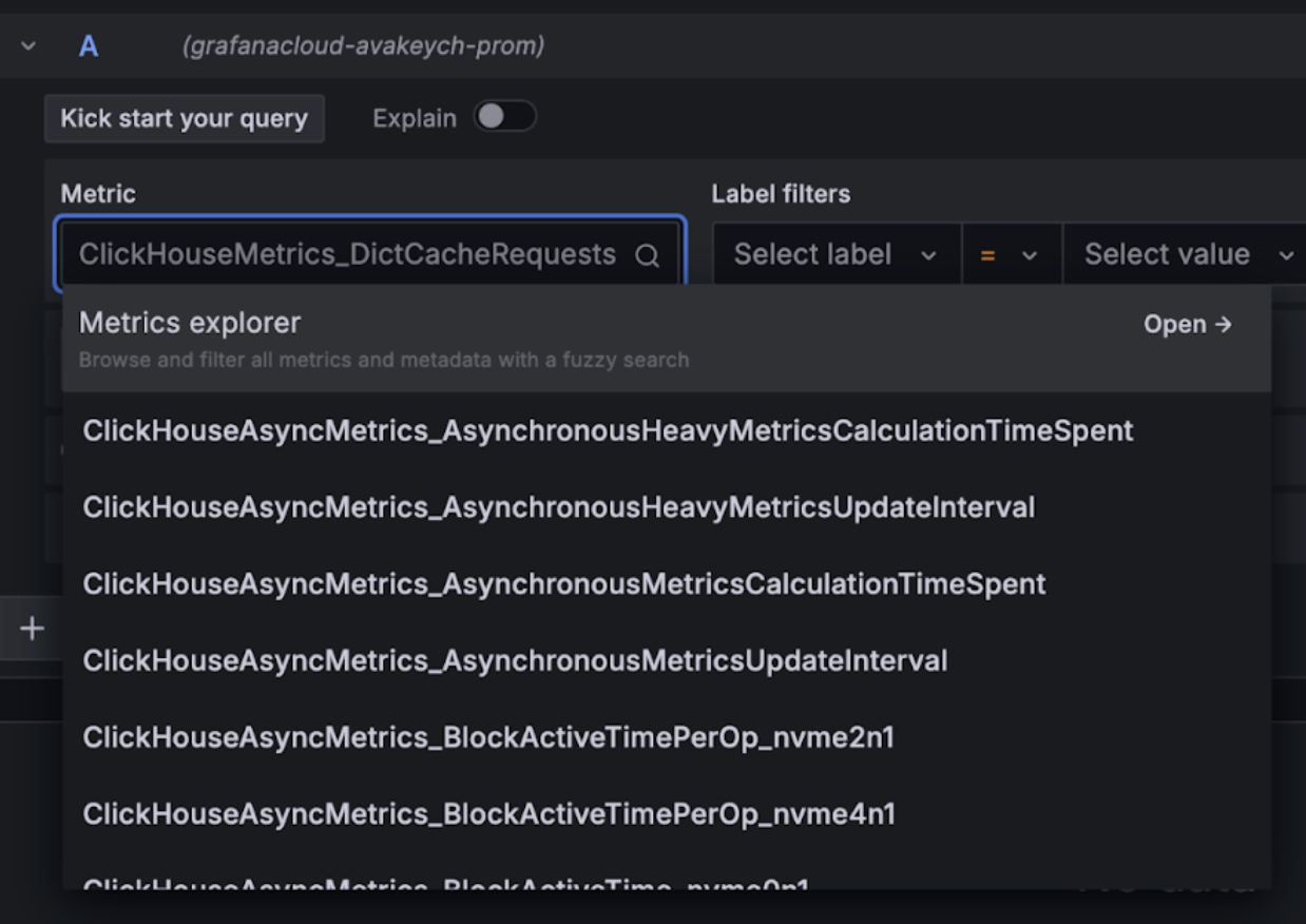 Выпадающий список исследователя метрик Grafana