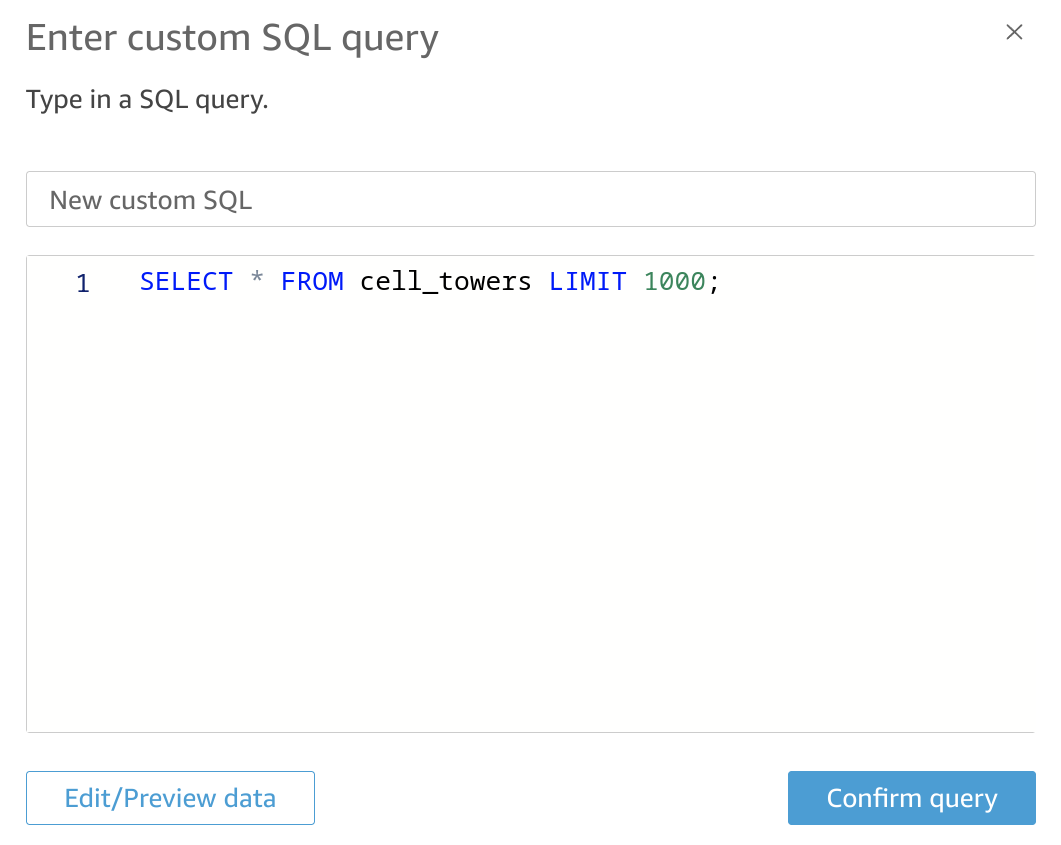 Редактор пользовательского SQL-запроса QuickSight для получения данных из ClickHouse