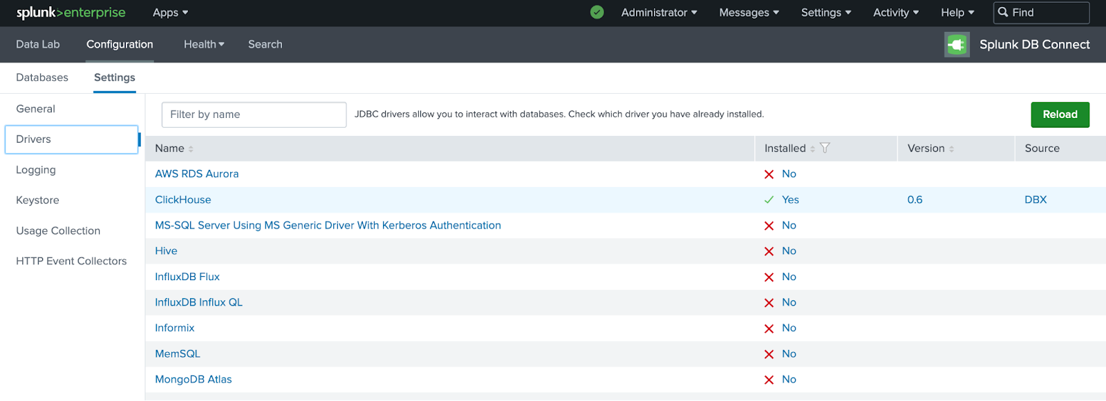 Страница драйверов Splunk DB Connect, показывающая успешную установку драйвера ClickHouse