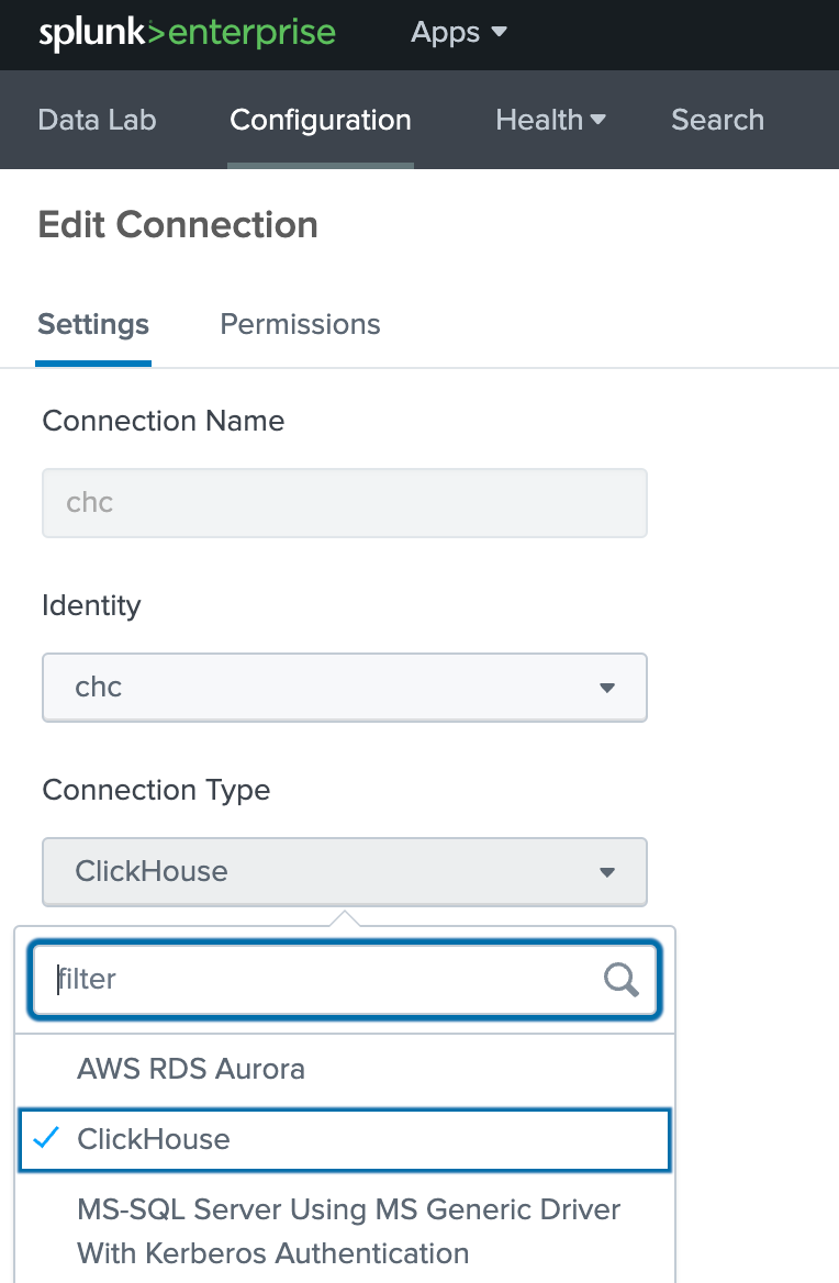 Кнопка нового соединения в Splunk DB Connect