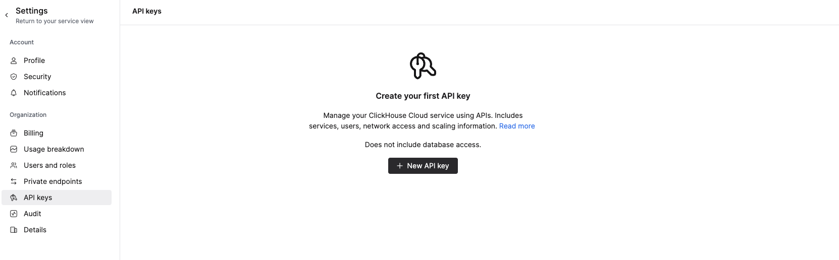 Консоль ClickHouse Cloud, показывающая раздел Ключи API в левом навигационном меню