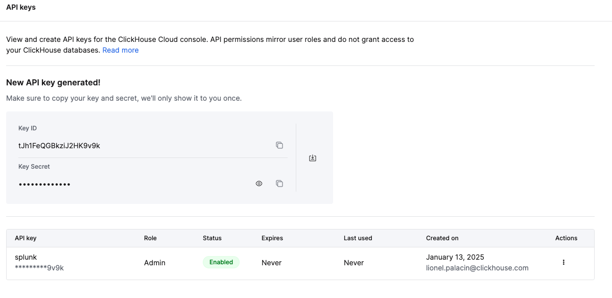 Консоль ClickHouse Cloud, показывающая сгенерированный ключ API и секретное слово для сохранения