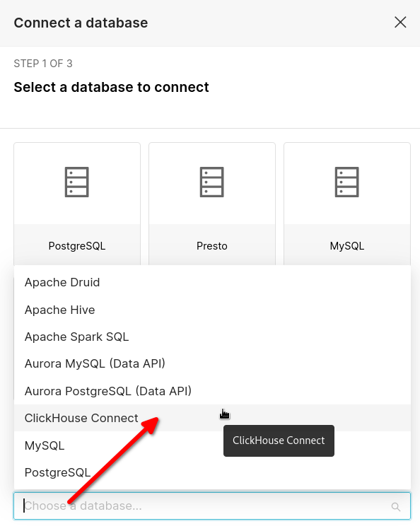 Выберите clickhouse connect в качестве типа базы данных