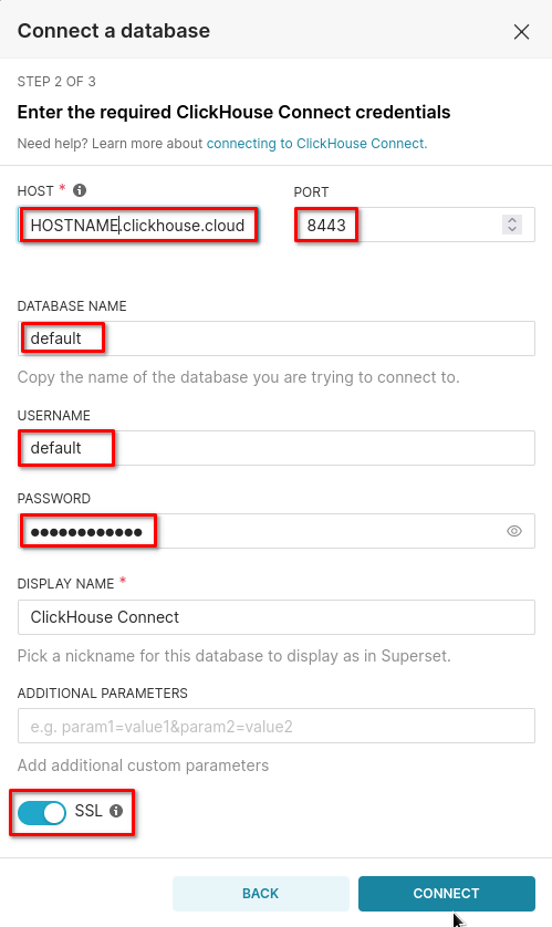 Форма конфигурации подключения Superset, показывающая параметры подключения ClickHouse