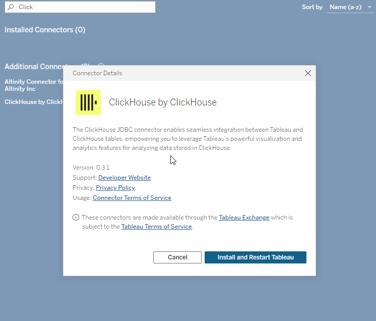 Диалог установки соединителя Tableau, показывающий детали соединителя ClickHouse JDBC и кнопку установки