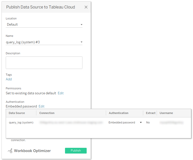 Диалог публикации Tableau Desktop с опциями аутентификации, где выделен Встроенный пароль