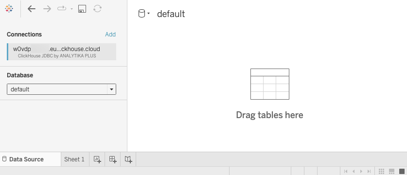 Новая книга Tableau, показывающая начальный экран подключения с вариантами выбора базы данных