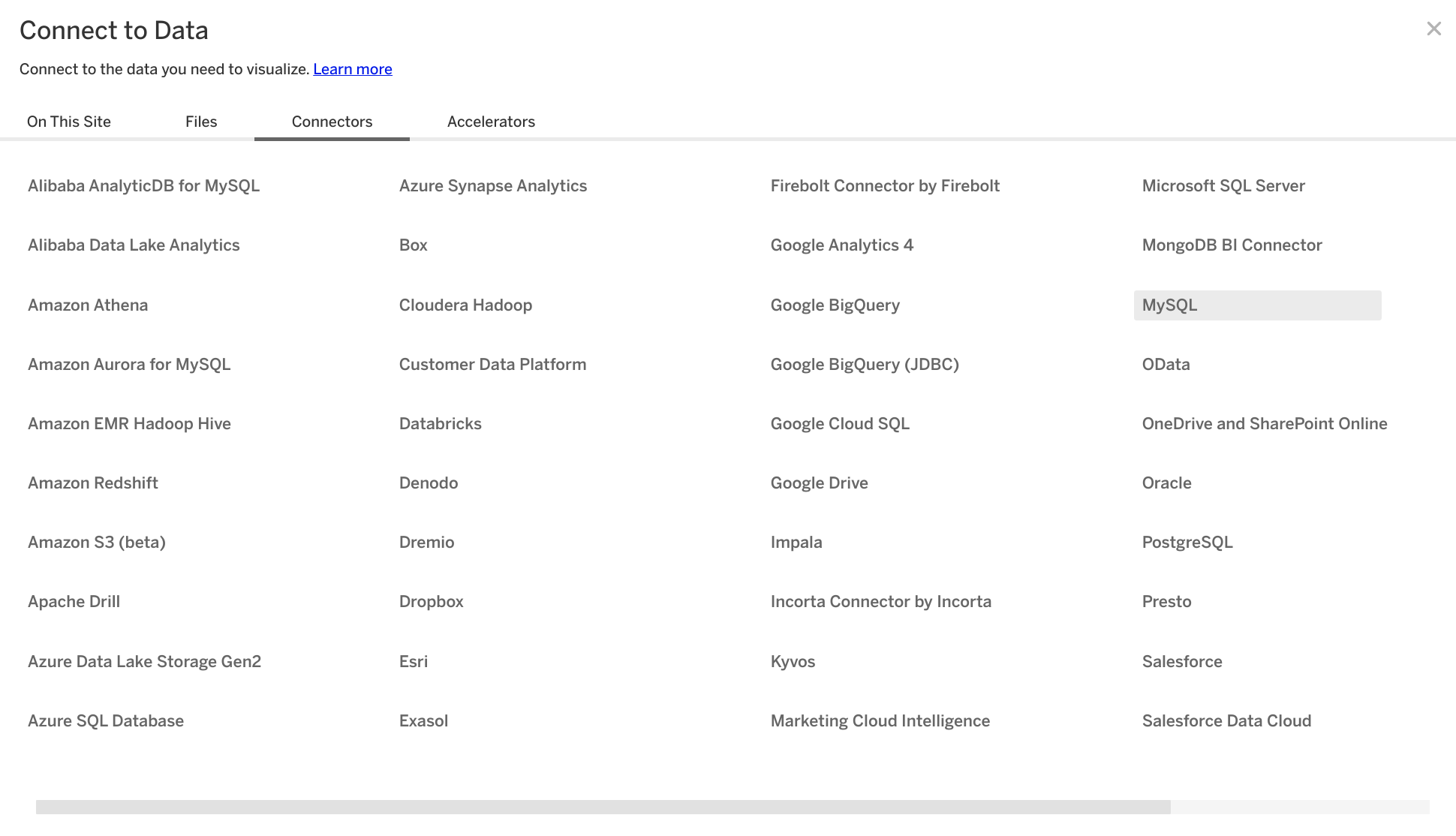 Экран выбора коннекторов Tableau Online с выделенной опцией MySQL