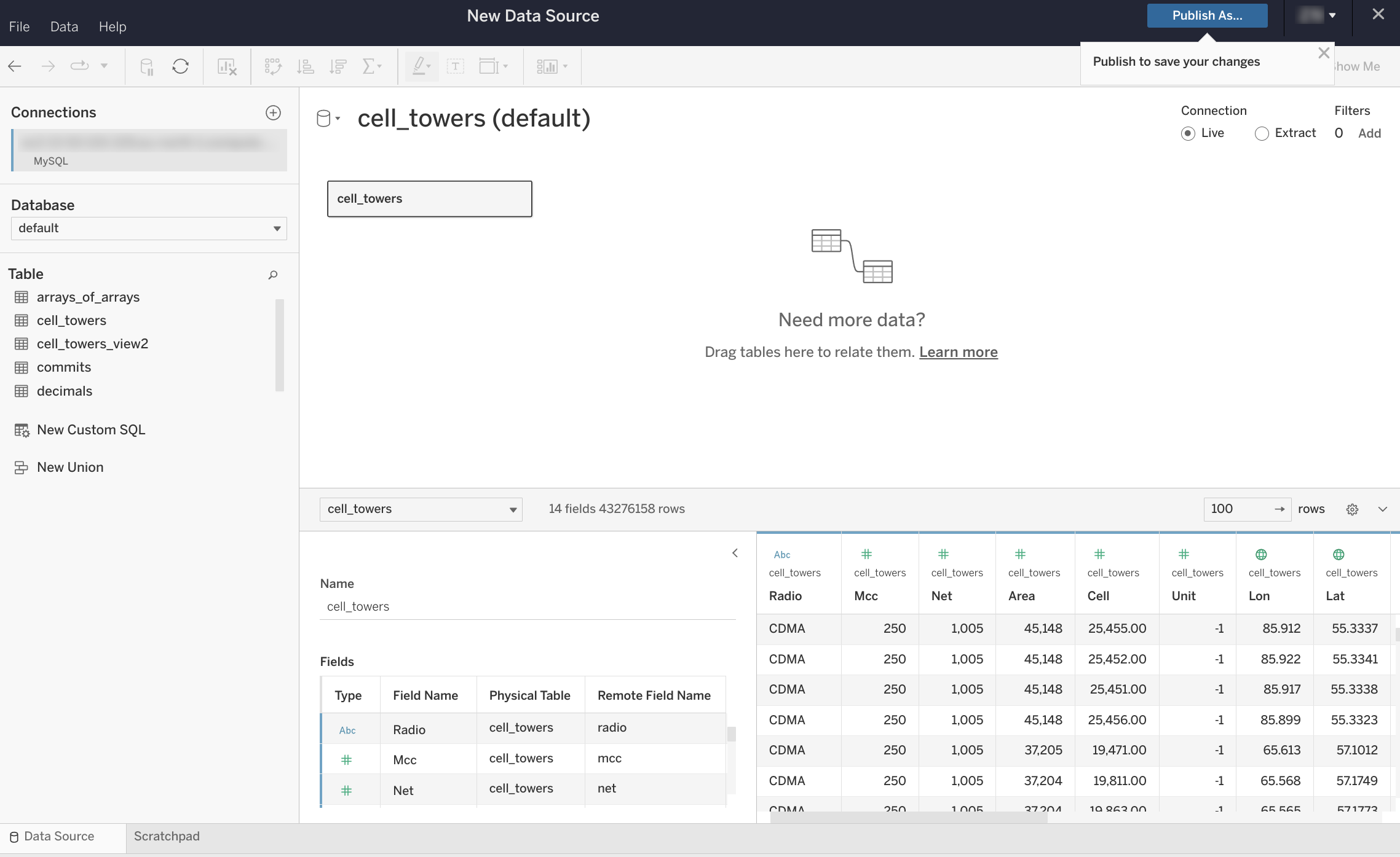 Страница источника данных Tableau Online с показанными таблицами базы данных слева и холстом справа с функциональностью перетаскивания