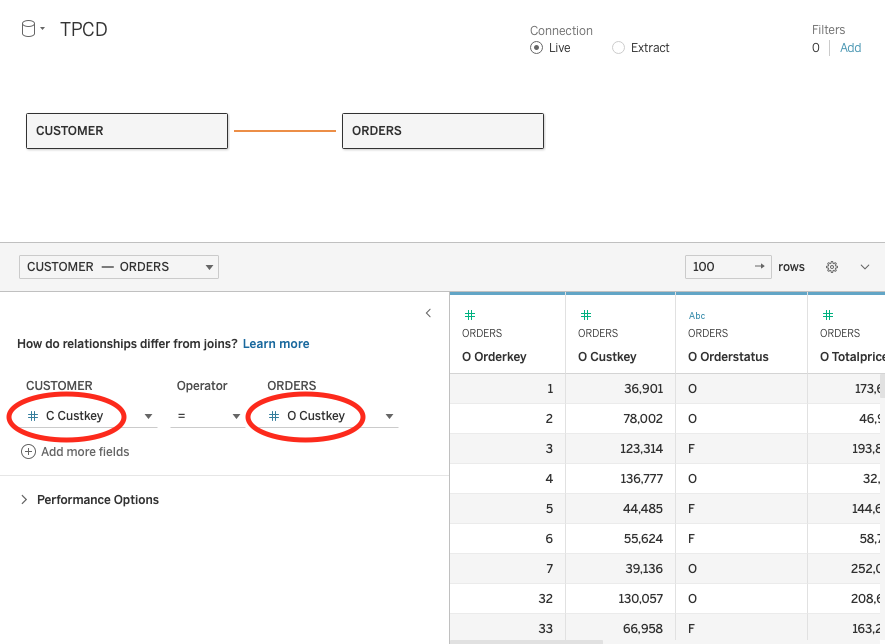 Редактор связей Tableau, показывающий связь между таблицами CUSTOMER и ORDERS, используя поле Custkey